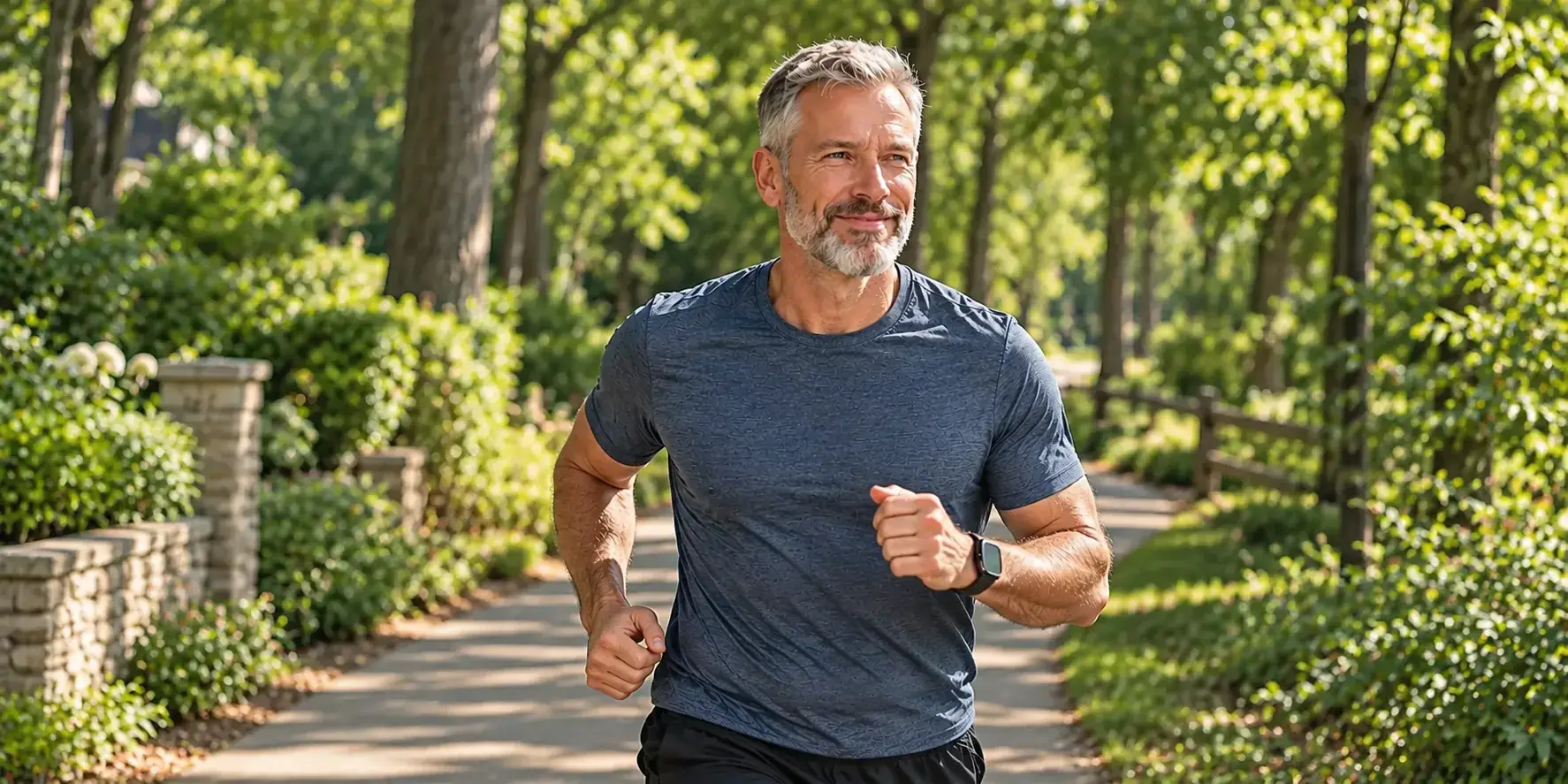 Man jogging along a tree-lined path
