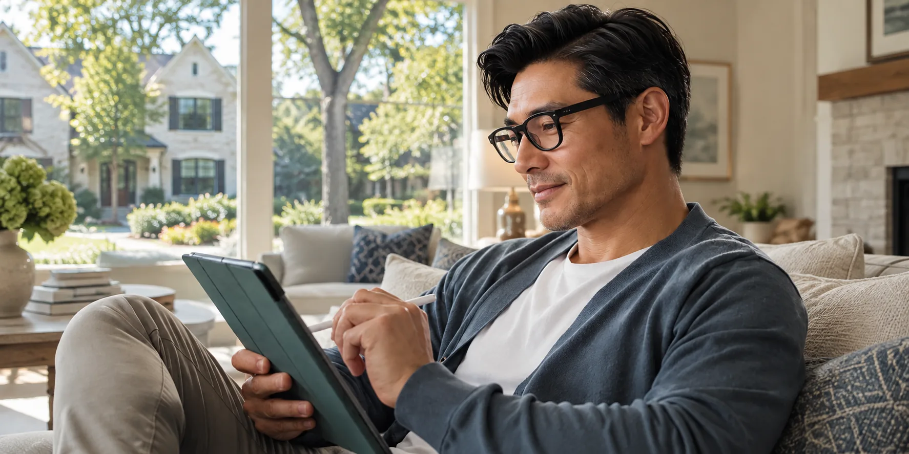 Man reading on a tablet on a living room sofa