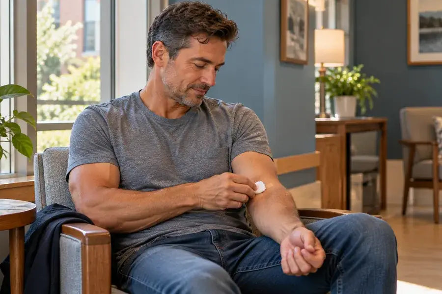 Man pressing a cotton ball to his arm after a blood draw