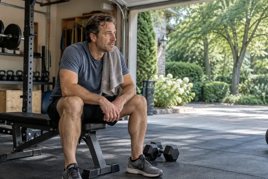 Man catching his breath on a weight bench in his garage gym