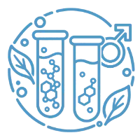 Two test tubes comparing bound and free hormone molecules, with a male symbol