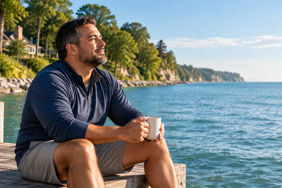 Man with coffee in the morning sun on a Lake Michigan dock