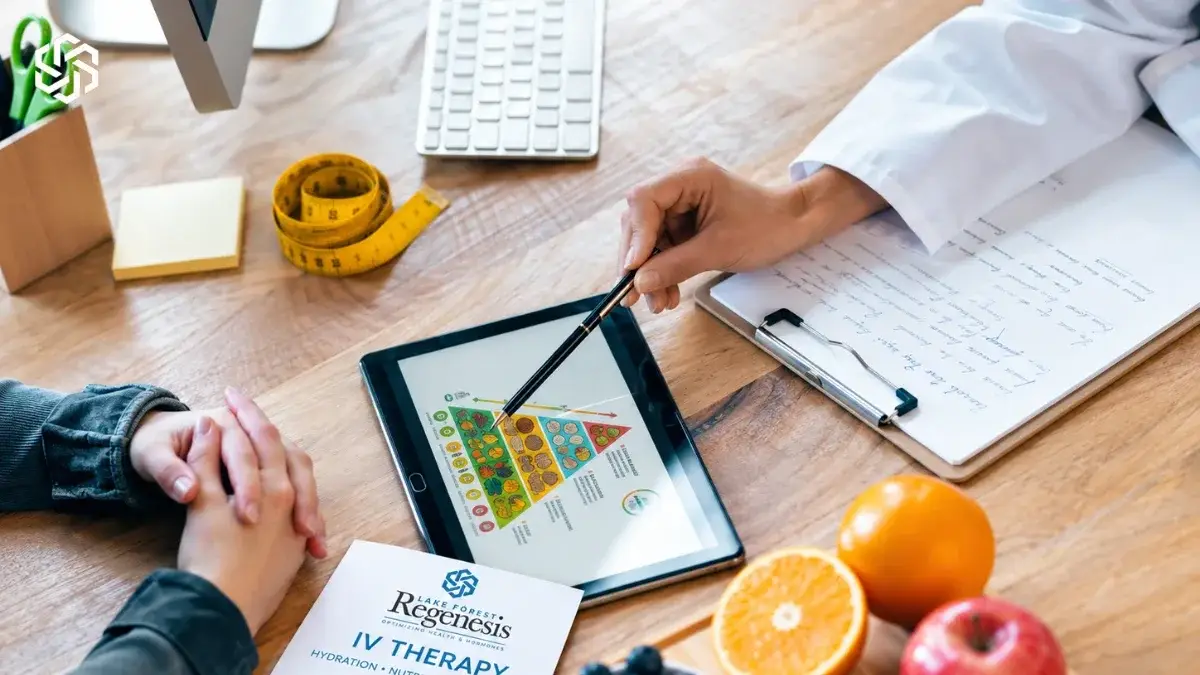Provider showing a patient a food pyramid on a tablet beside fresh fruit