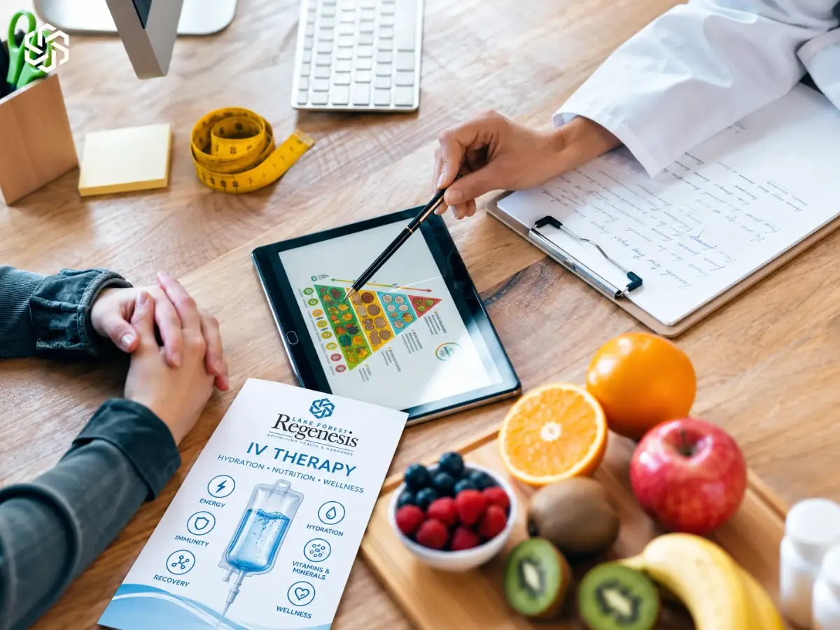 Provider showing a patient a food pyramid on a tablet beside fresh fruit, illustrating vitamins & hydration