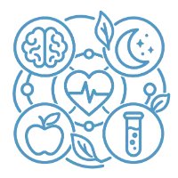 A central heart surrounded by bubbles for brain, sleep, nutrition and lab testing