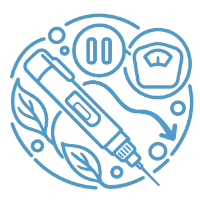 A medication injection pen with a pause symbol, a trend arrow and a scale bubble