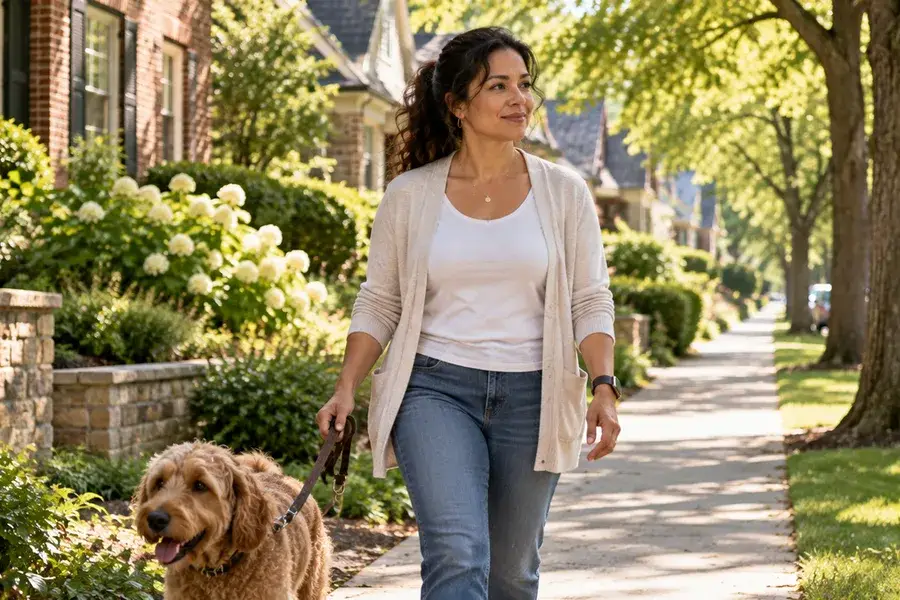 Woman walking her dog on a tree-lined street