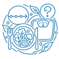 A plate and utensils next to a scale with a flat arrow and a question mark