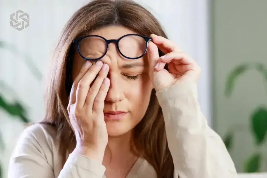 Tired woman rubbing her eyes under her glasses