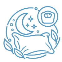 A crescent moon and stars over a pillow linked to a scale bubble