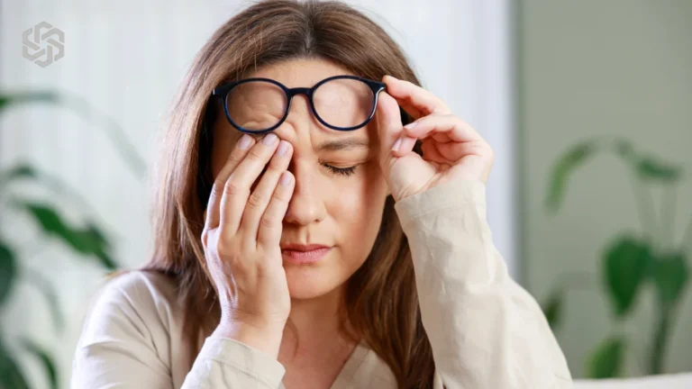 Tired woman rubbing her eyes under her glasses