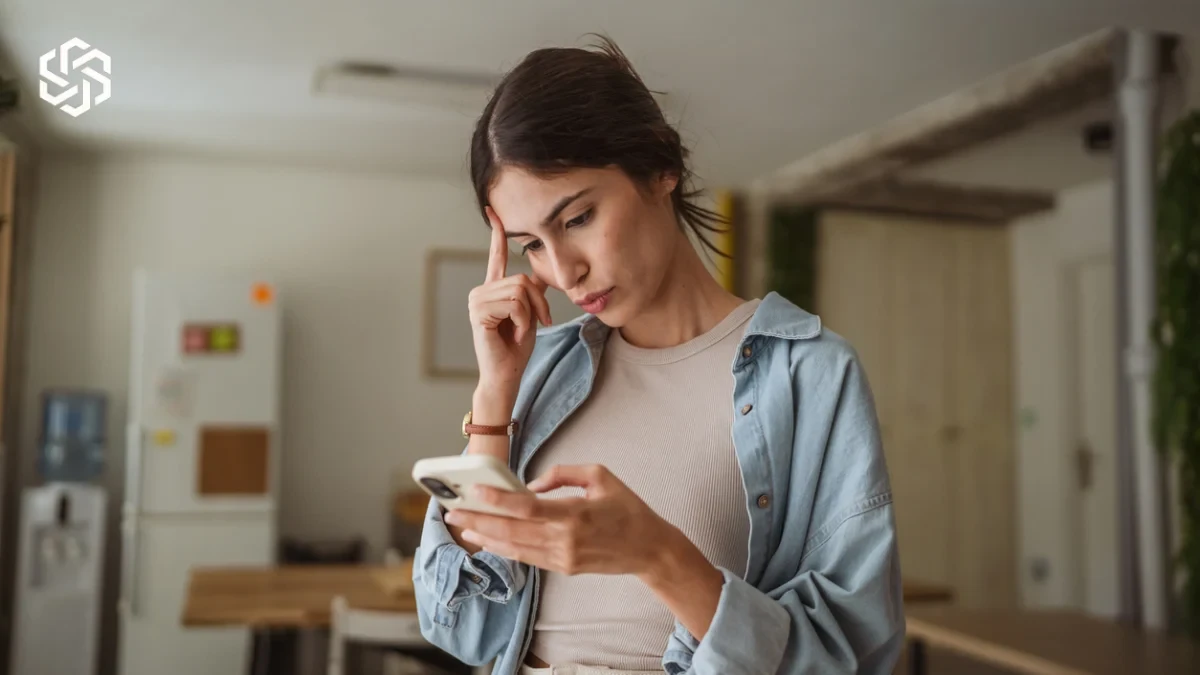 Worried woman reading her phone at home