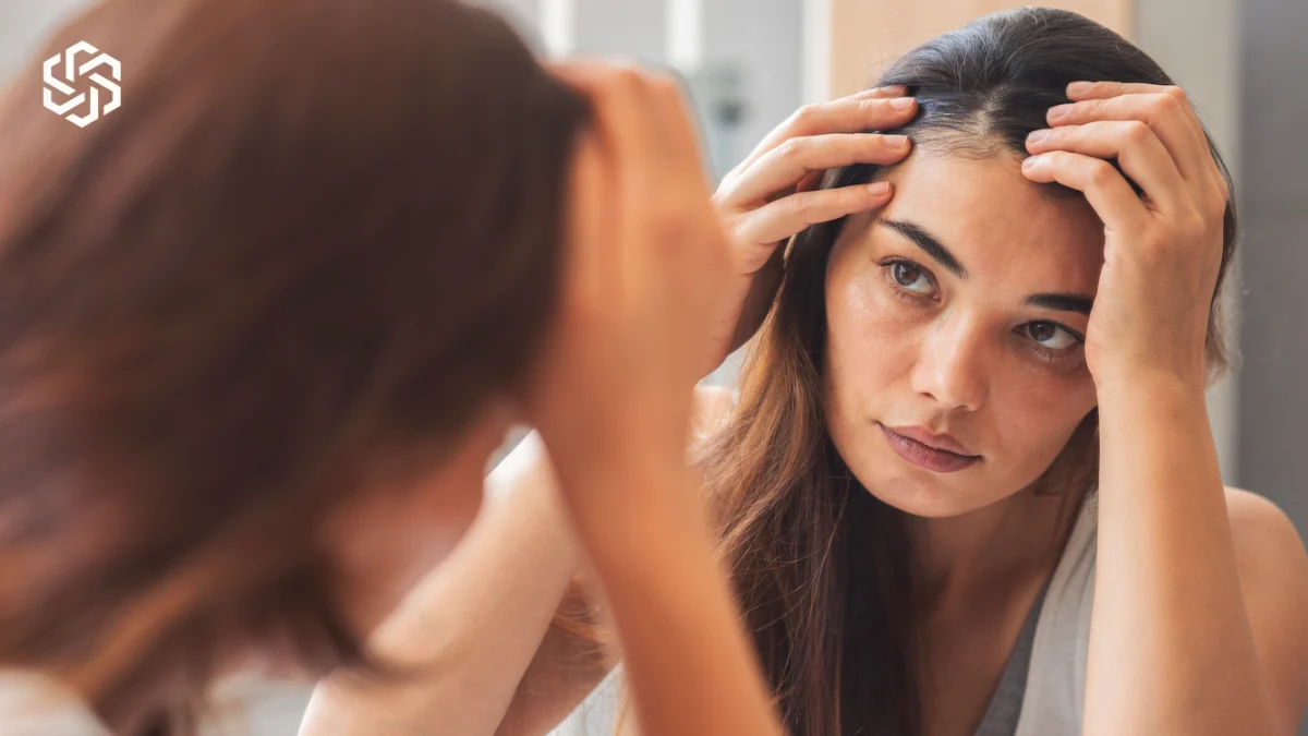 Woman checking her hair in the mirror