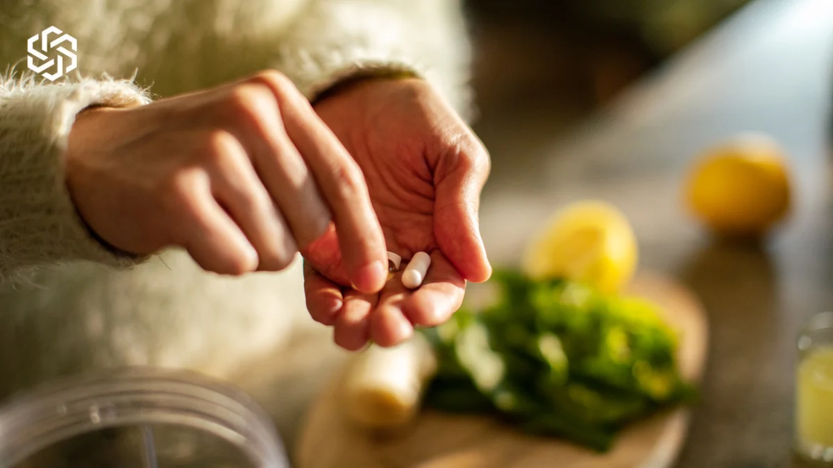 Woman taking a supplement in the kitchen